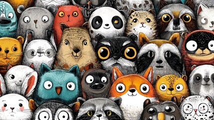 A colorful illustration of a diverse group of animals, including a panda, a raccoon, a bear, a fox, and a cat, all with expressive eyes and detailed fur textures. 