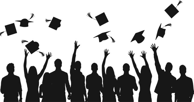 Black silhouettes of graduating students throwing graduation caps in the air with hands raised in celebration