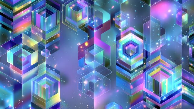 A vibrant, colorful abstract digital artwork featuring geometric shapes and glowing elements in shades of blue, purple, and pink, 