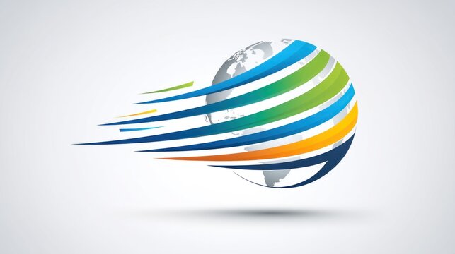 A colorful globe with abstract lines and stripes, set against a white background with a subtle shadow effect.