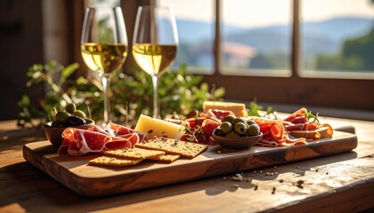 Aesthetic food arrangement featuring wine, charcuterie, and a scenic backdrop to enjoy