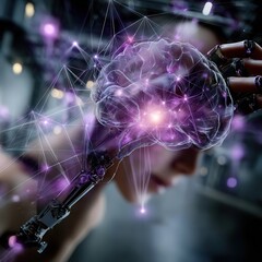 Glowing neural lines form a stylized brain with a bright central node expanding into an abstract growth chart on a deep purple background.