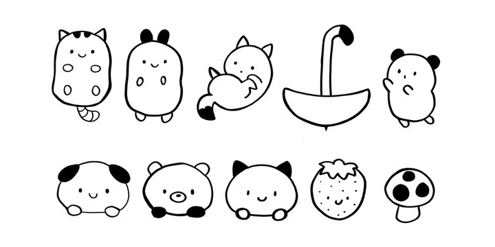 Cute black-and-white hand draw doodle set featuring adorable animals, fruit, and nature icons. Perfect for stickers, kids illustration, cartoon design, digital art, and printable graphics.