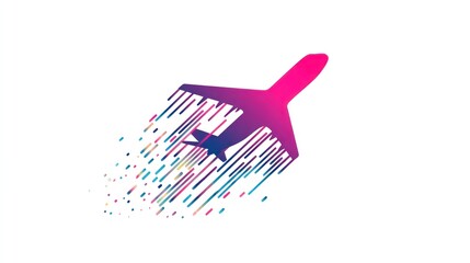 A colorful, dynamic logo featuring a pink and purple airplane in motion, with streaks of color behind it, set against a white background.