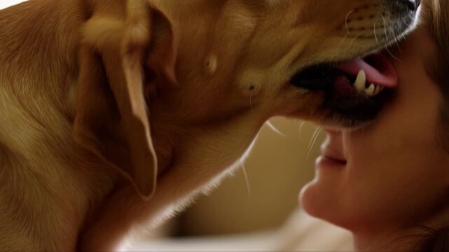 woman and her dog. Lick the woman face.