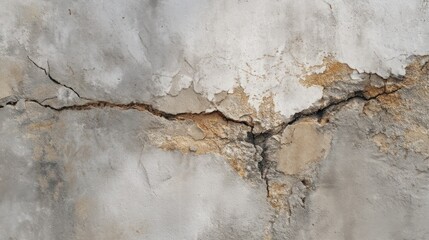 Obraz premium A weathered concrete wall with cracks and patches of peeling paint, set against a plain background.