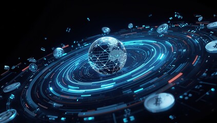 Futuristic Digital Earth Network with Cryptocurrency Orbiting and Data Streams