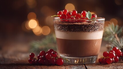 Decadent layered chocolate dessert topped with bright red currants is presented on rustic wood with holiday lighting