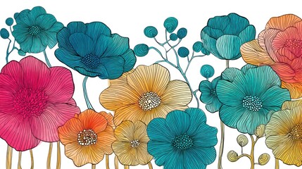 A colorful, hand-drawn illustration of a vibrant flower arrangement with a variety of flowers in shades of blue, pink, orange, and yellow, set against a white background with a subtle gradient effect.