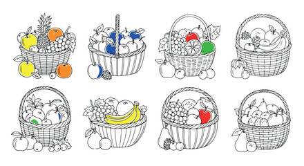 Fruit baskets with various fruits outline style