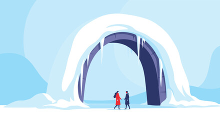 A man and a woman stand before a majestic, snow-covered ice archway in a serene winter landscape, ready for adventure.
