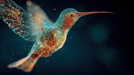 Obraz premium A hummingbird with a colorful, geometric pattern on its wings, flying against a dark blue background with a blurred, starry sky.