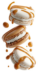 Stacked macarons with caramel drizzle, floating sweets