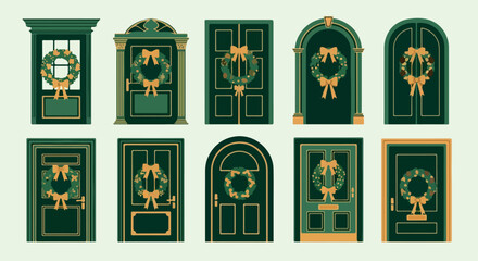 Holiday doors with wreaths and bows