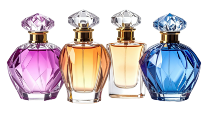 Four colorful perfume bottles with diamond-shaped caps