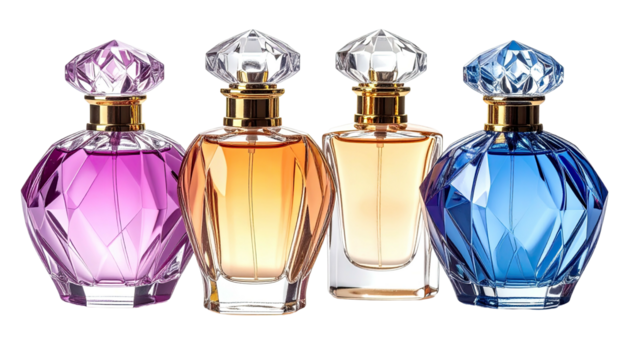 Four colorful perfume bottles with diamond-shaped caps