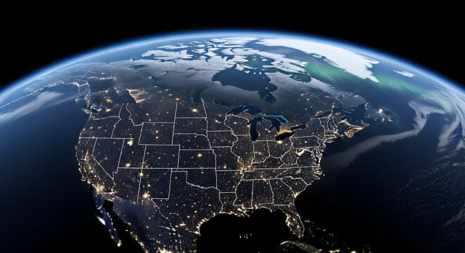 View of a night time globe of the earth with blue oceans, showing continents of America and Europe, under the stars in space - Powered by Adobe