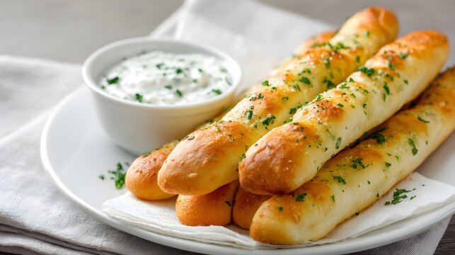 Golden baked breadsticks topped with fresh herbs served alongside a creamy dipping sauce - Powered by Adobe