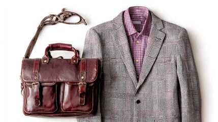 A brown leather briefcase and a gray plaid blazer with a pink and white checkered shirt, all against a white background.
