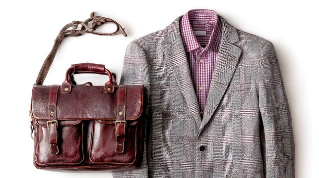 A brown leather briefcase and a gray plaid blazer with a pink and white checkered shirt, all against a white background.