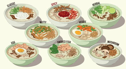 Various bowls of noodle soup with different toppings
