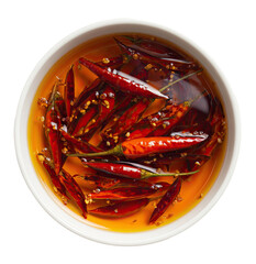 Chili oil in a white bowl, overhead view