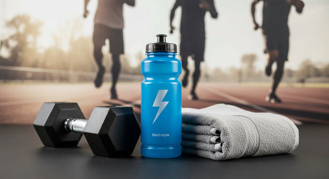 Blue electrolyte drink bottle with towel and dumbbell in gym, wallpaper, symbolizing hydration and fitness.rehydration, solution, post, balance, promoting - Powered by Adobe