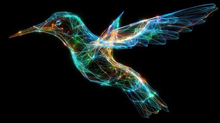 Obraz premium A colorful, abstract hummingbird with glowing lines and lights against a black background, featuring a mix of blue, green, orange, and yellow hues. 