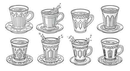Cups of tea with saucers in various states