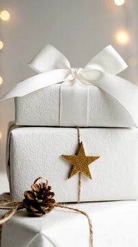 Elegant Stack of White Christmas Gifts with Luxurious Ribbons a Natural Pinecone and a Sparkling Gold Star Ornament set against Festive Bokeh Lights