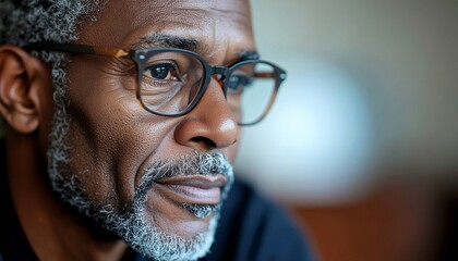 Close-up of a contemplative senior man wearing glasses, captured in a reflective mood.