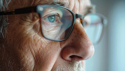 Close-up of a contemplative senior man wearing glasses, captured in a reflective mood. 