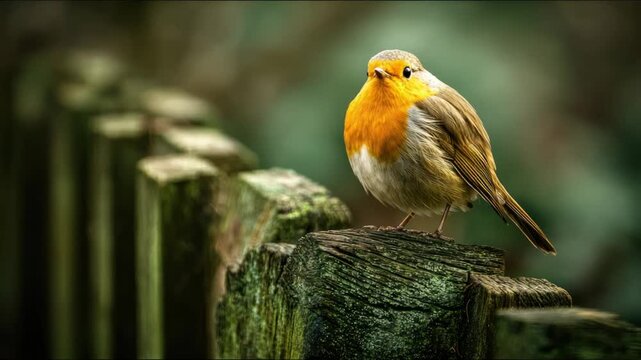 A vibrant robin with an orange breast sits on a mossy wooden fence post against a blurry background