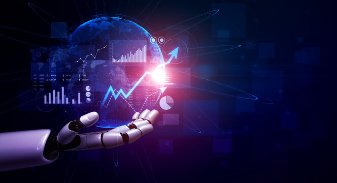 A futuristic robotic hand presents a global data visualization, showcasing various charts and graphs that illustrate trends and metrics in technology and finance. Scalp