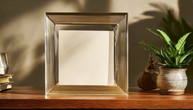 A gold frame holding an empty note card on a wooden shelf