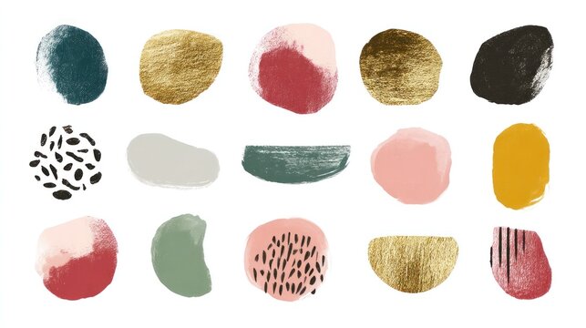 A collection of abstract shapes and textures, including gold, pink, green, and black, arranged in a grid pattern on a white background.