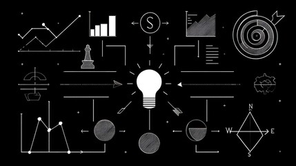 Hand-drawn business concept with a light bulb at the center, surrounded by various icons representing different business elements such as a target, a compass, a chess piece, a graph, and a clock.