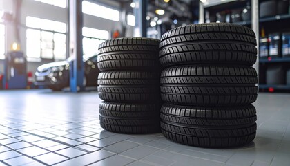 Two stacks of new black car tires on a tiled floor in a brightly lit automotive service garage, ready for vehicle installation or sale.