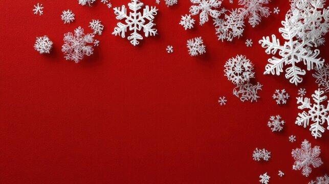 White paper snowflakes scattered on a red background, with a red and white Christmas tree in the background.