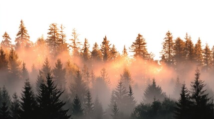 A misty forest with tall evergreen trees, illuminated by soft, golden sunlight, creating a serene and tranquil atmosphere.