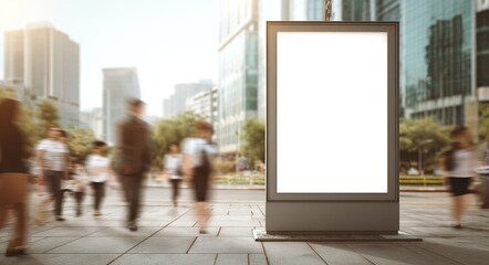 Blank billboard standing on a city street with blurred pedestrians and office buildings in the background, offering a large, isolated white space for custom advertising. High quality