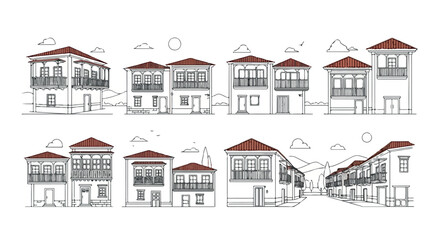 Traditional houses line with clouds and sky