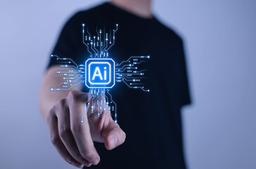 
Glowing AI interface icon for business professionals with futuristic digital elements, representing innovation, machine learning, technology solutions, automation, modern data applications.