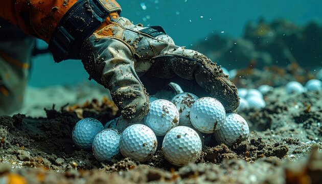 Diver using gloved hand to retrieve golf balls underwater