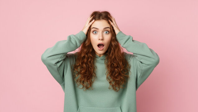 Woman with hands on head shows shocked expression against pink background, reacting with wide eyes and disbelief as if receiving unexpected news, highlighting intense emotions in a dramatic moment.