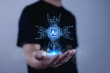 Glowing AI interface icon for business professionals with futuristic digital elements, representing innovation, machine learning, technology solutions, automation, modern data applications.