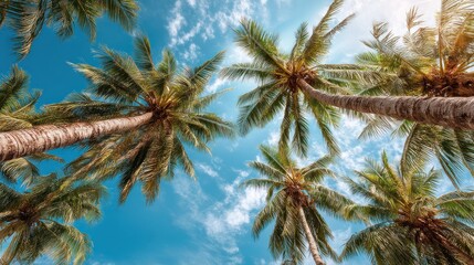 Coconut palm trees against a clear blue sky with scattered white clouds, casting a shadow on the ground.