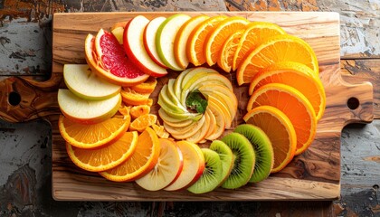 Fresh fruit slices arranged on a wooden board