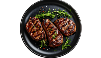 Three grilled steaks, rosemary, pepper on black plate