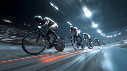 Competitive cyclists speed around a steeply banked indoor track during a night race